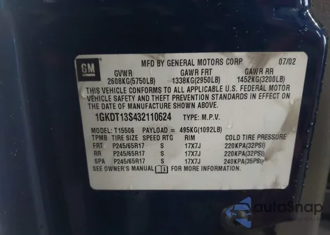 2003 GMC Envoy Sle из США, поврежденный, VIN 1GKDT13S432110624